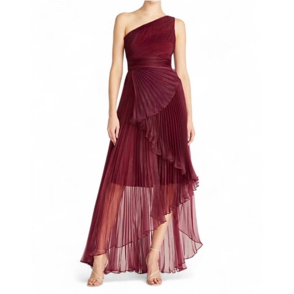 Theia One-Shoulder Pleated Wine Red Evening Gown